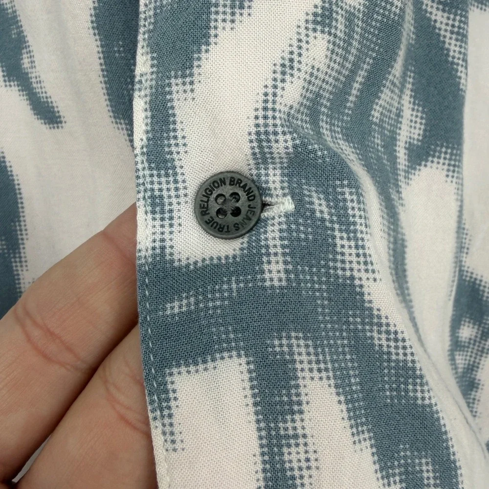 True Religion Mens Palm Tree Print Camp Collar Short Sleeve Shirt White Blue